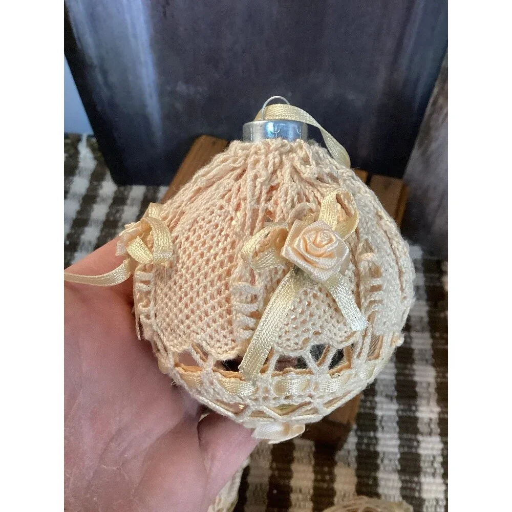 Vintage Alderbrook Lace Covered Silver Glass Christmas Ball Ornaments Set Of 7